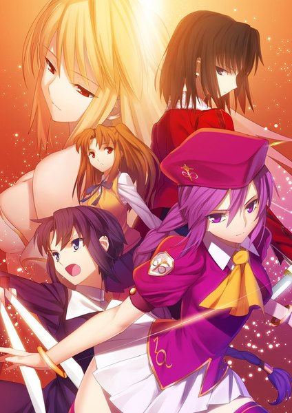 Anime picture 800x1131 with shingetsutan tsukihime kara no kyoukai melty blood type-moon ryougi shiki arcueid brunestud yumizuka satsuki sion eltnam atlasia yangsion long hair tall image short hair open mouth blue eyes black hair blonde hair red eyes brown hair purple eyes multiple girls