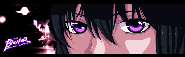 Anime picture 1200x369 with the breaker so-chun hyuk tremblax single short hair black hair wide image purple eyes inscription coloring letterboxed close-up face boy