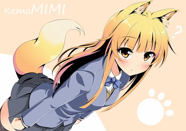 Anime picture 1190x841 with original violet sit single long hair looking at viewer blush blonde hair yellow eyes fox ears fox tail fox girl girl skirt uniform school uniform miniskirt shirt bowtie