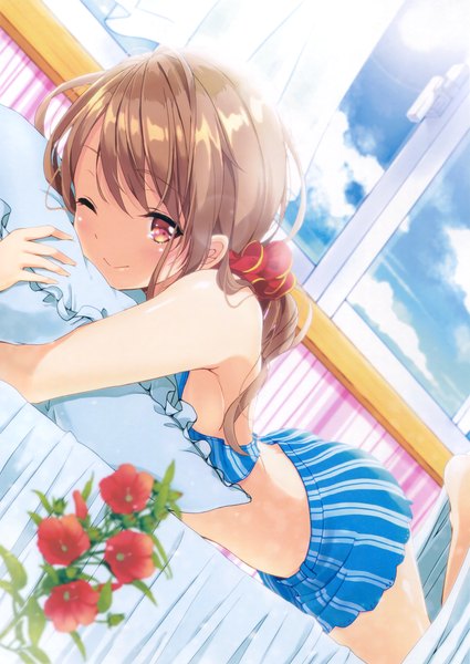 Anime picture 2521x3559 with original minamoto single long hair tall image blush fringe highres breasts light erotic smile brown hair bare shoulders looking away sky cloud (clouds) indoors lying one eye closed pink eyes
