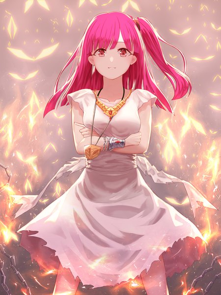 Anime picture 3000x4000 with magi the labyrinth of magic a-1 pictures morgiana yagyun single long hair tall image looking at viewer highres standing pink hair pink eyes one side up crossed arms asymmetrical hair girl dress bracelet chain jewelry