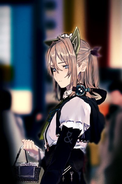 Anime picture 600x900 with tazuma (u283) long hair tall image looking at viewer blue eyes brown hair holding animal ears ponytail blurry cat ears headphones around neck girl headdress headphones maid headdress suspenders
