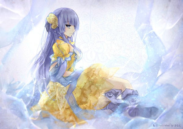 Anime picture 1500x1061 with date a live izayoi miku sanae (jomill04) single long hair looking at viewer blush fringe sitting purple eyes purple hair puffy sleeves girl dress hair ornament ribbon (ribbons) boots insect butterfly yellow dress