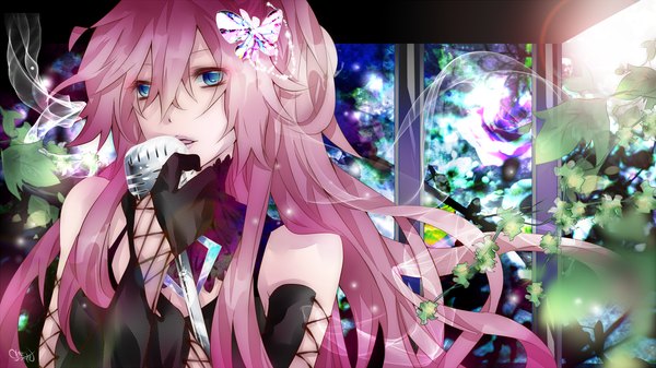 Anime picture 1920x1080 with vocaloid megurine luka tyouya single long hair fringe highres wide image bare shoulders holding pink hair aqua eyes alternate costume singing girl gloves hair ornament flower (flowers) plant (plants) elbow gloves
