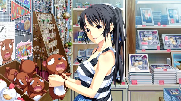 Anime picture 1024x576 with suigetsu 2 tagme (character) long hair black hair wide image purple eyes game cg ponytail girl toy stuffed animal