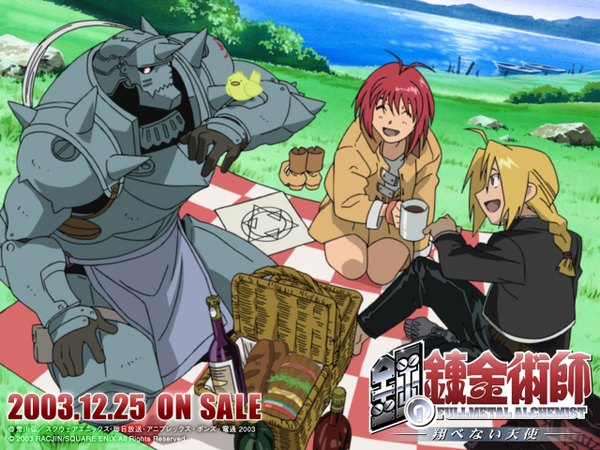 Anime picture 1280x960 with fullmetal alchemist studio bones edward elric alphonse elric armony eiselstein long hair short hair blonde hair outdoors red hair braid (braids) official art multiple boys copyright name single braid dated shoes removed bird on hand picnic 2003