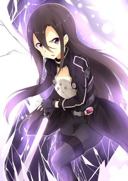 Anime picture 2507x3541 with sword art online a-1 pictures kirigaya kazuto hiiragi yashiro single long hair tall image looking at viewer highres open mouth black hair standing purple eyes long sleeves otoko no ko glowing weapon boy gloves uniform weapon