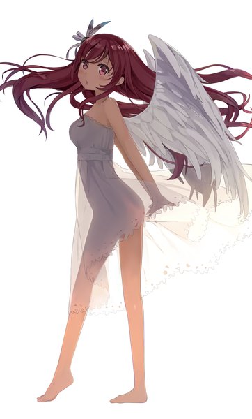 Anime picture 1620x2685 with original 5 nenme no houkago kurumi (kantoku) kantoku single long hair tall image looking at viewer blush light erotic simple background red eyes white background bare shoulders sky full body red hair barefoot wind sunlight