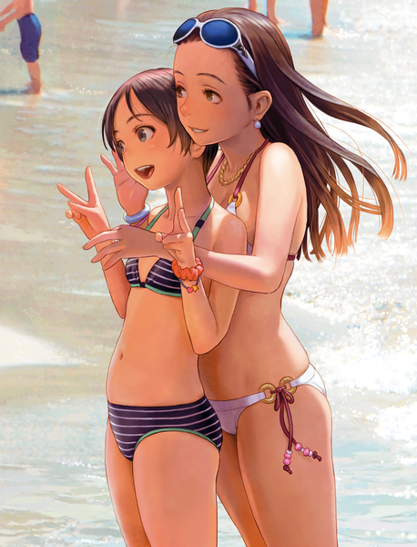Anime picture 1143x1498 with original range murata long hair tall image blush open mouth light erotic smile brown hair standing multiple girls brown eyes looking away outdoors :d wind sunlight realistic teeth shadow