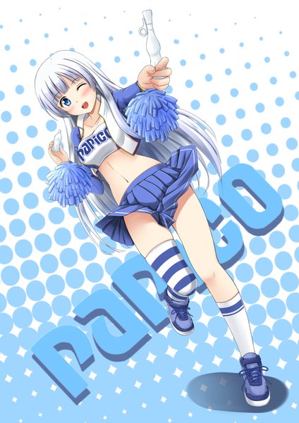 Anime picture 1240x1754 with original papico (ice cream) papico fuuma nagi single long hair tall image looking at viewer blush open mouth blue eyes white hair one eye closed wink girl thighhighs skirt socks shoes white socks