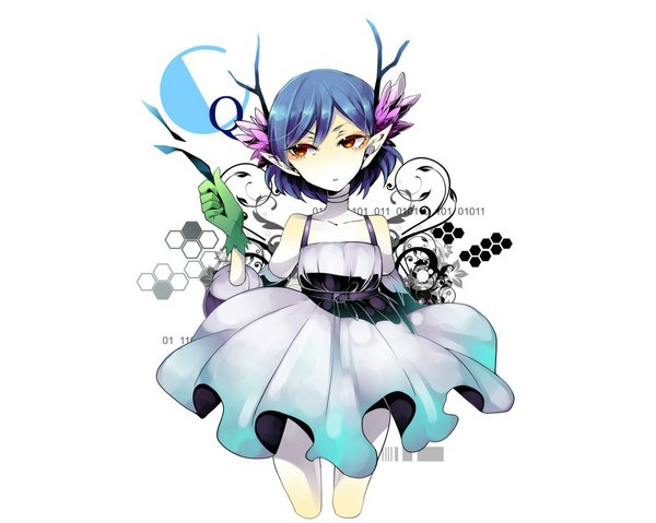 Anime picture 1024x819 with c: the money of soul and possibility control q (control) single short hair simple background red eyes white background bare shoulders blue hair horn (horns) pointy ears inscription girl dress detached sleeves sundress card (cards)