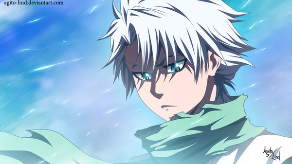 Anime picture 1000x563 with bleach studio pierrot hitsugaya toushirou aagito single short hair wide image green eyes white hair coloring portrait face boy scarf