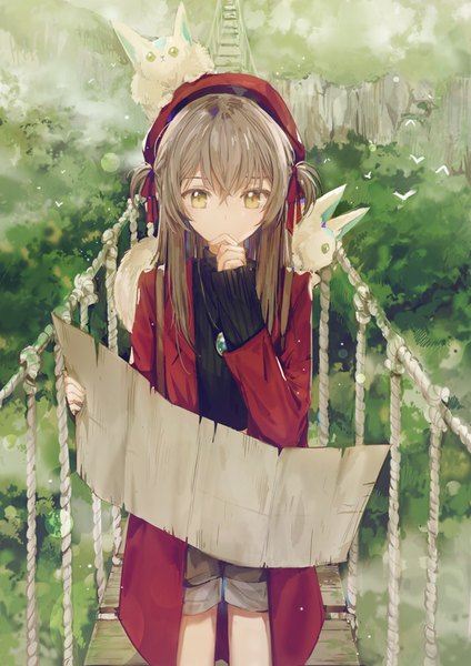 Anime picture 700x990 with original dangmill single long hair tall image fringe hair between eyes brown hair standing holding yellow eyes long sleeves girl bow ribbon (ribbons) plant (plants) hair bow hair ribbon animal tree (trees)