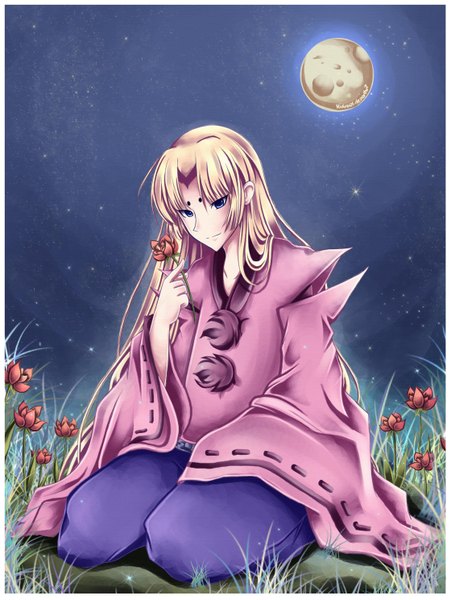 Anime picture 2237x2973 with okami ushiwakamaru midna01 single long hair tall image highres blue eyes blonde hair border girl flower (flowers) moon