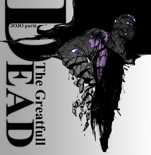 Anime picture 1000x1022 with jojo no kimyou na bouken prosciutto the grateful dead (stand) taka frostbite (artist) single tall image short hair black hair simple background purple eyes profile inscription grey background open clothes open shirt partially open clothes destruction eyes stand (jojo) boy