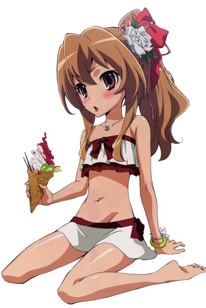 Anime picture 2700x4024 with toradora j.c. staff aisaka taiga single long hair tall image blush highres open mouth simple background red eyes brown hair white background bare shoulders ponytail barefoot midriff girl navel hair ornament