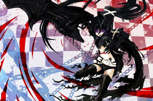 Anime picture 2000x1326 with black rock shooter black rock shooter (character) insane black rock shooter highres black hair purple eyes checkered background girl weapon sword shorts belt blood thigh boots chain skull