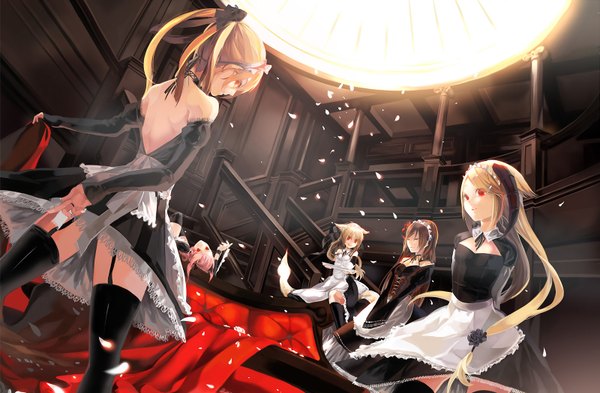 Anime picture 1600x1050 with original kaninnvven long hair looking at viewer short hair blonde hair smile red eyes brown hair multiple girls animal ears pink hair ponytail lying eyes closed profile horn (horns) maid back group