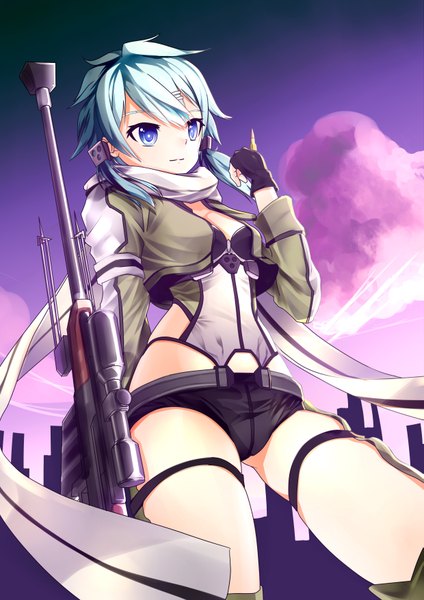 Anime picture 2477x3508 with sword art online a-1 pictures asada shino aoi kao (lsz7106) single tall image highres short hair blue eyes light erotic blue hair sky cloud (clouds) girl gloves weapon jacket shorts scarf fingerless gloves