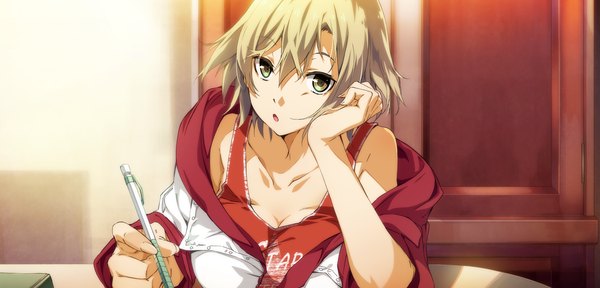 Anime picture 2250x1080 with soushuu senshinkan gakuen hachimyoujin manase akira g yuusuke single looking at viewer highres short hair open mouth blonde hair wide image brown eyes game cg girl