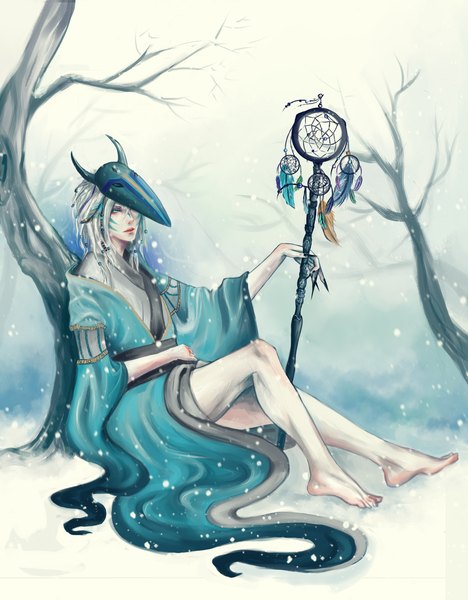 Anime picture 2085x2669 with original robasarel single long hair tall image highres blue eyes sitting white hair nail polish barefoot horn (horns) fingernails snowing winter snow long fingernails mask on head face paint boy