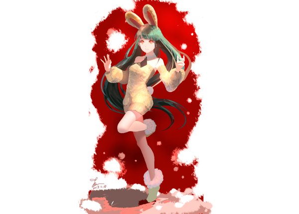 Anime picture 6213x4444 with original cao xiong (tlb12121) single long hair fringe highres simple background red eyes standing white background animal ears absurdres tail very long hair animal tail green hair bunny ears legs bunny tail girl