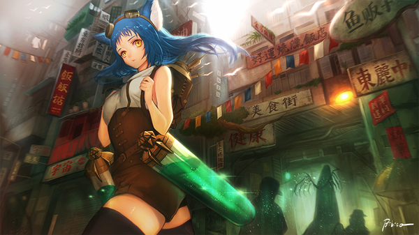 Anime picture 1024x576 with original bibico long hair looking at viewer wide image signed animal ears yellow eyes blue hair outdoors wind cat ears sparkle from below cat girl zettai ryouiki hieroglyph light solo focus walking