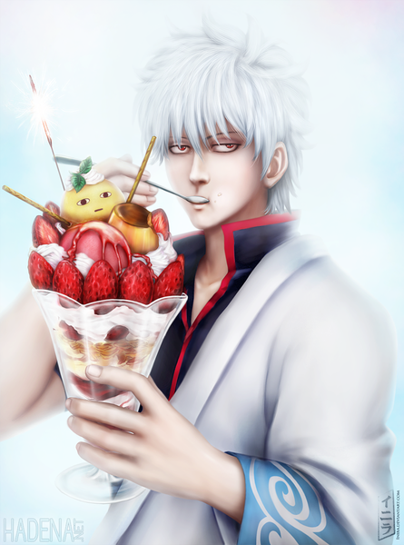 Anime picture 890x1200 with gintama sunrise (studio) sakata gintoki inira single tall image short hair red eyes white hair traditional clothes japanese clothes sunlight eating food on face boy food sweets kimono ice cream berry (berries)