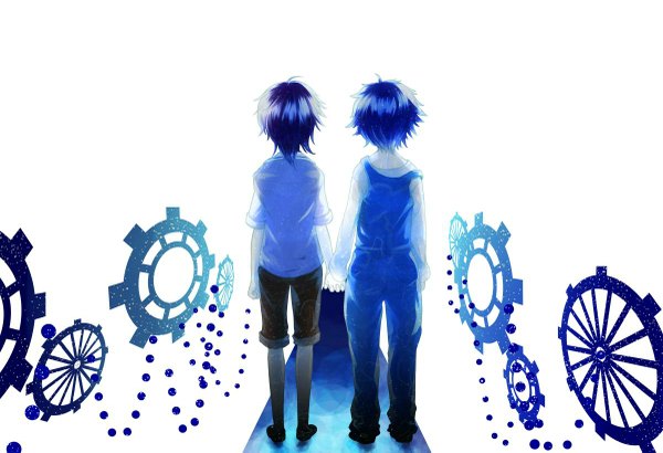 Anime picture 1200x821 with starry sky tsubasa amaha kinose azusa yen (artist) short hair simple background white background blue hair from behind multiple boys back holding hands twisty sleeves alternate age younger boy 2 boys gears overalls