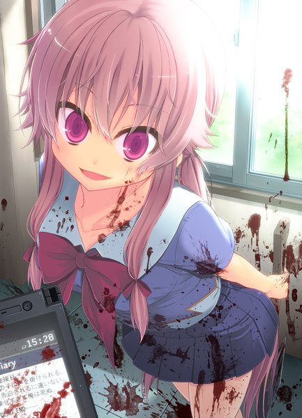 Anime picture 1084x1500 with mirai nikki gasai yuno amamiya minato long hair tall image looking at viewer open mouth smile twintails pink hair pink eyes low twintails girl skirt uniform school uniform miniskirt window bowtie blood