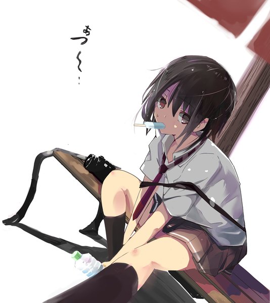 Anime picture 1153x1297 with original kiukiu (artist) single tall image looking at viewer short hair black hair simple background white background sitting brown eyes inscription girl skirt uniform school uniform socks necktie food sweets