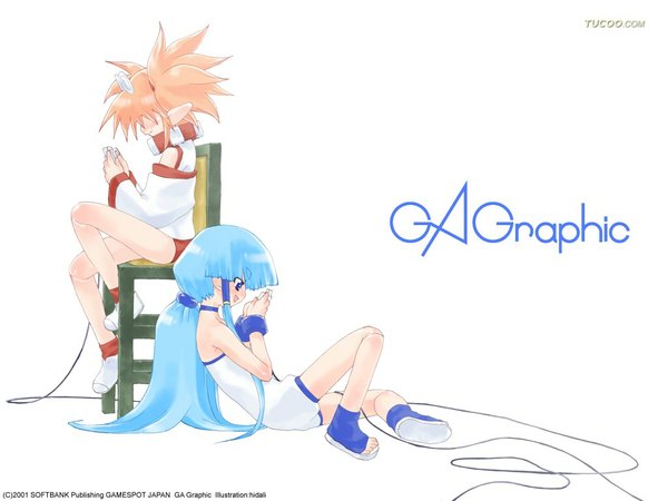 Anime picture 1024x768 with gagraphic hidali long hair fringe short hair blue eyes white background twintails multiple girls signed blue hair blunt bangs pointy ears orange hair copyright name short twintails glasses on head girl 2 girls glasses