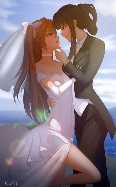 Anime picture 3517x5658 with white album 2 touma kazusa ogiso setsuna baliu long hair tall image highres open mouth blue eyes black hair brown hair multiple girls brown eyes looking away absurdres profile shoujo ai girl dress gloves