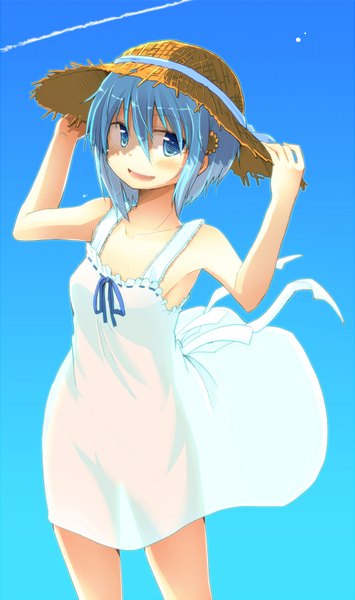 Anime picture 1000x1687 with mahou shoujo madoka magica shaft (studio) miki sayaka yasuio single tall image blush short hair open mouth blue eyes blue hair blue background girl hat sundress