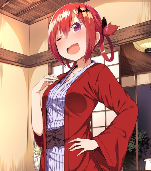 Anime picture 900x1020 with gabriel dropout doga kobo satanichia kurumizawa mcdowell greatmosu single long hair tall image fringe breasts smile hair between eyes red hair indoors traditional clothes japanese clothes one eye closed wink wide sleeves fang (fangs) hand on hip
