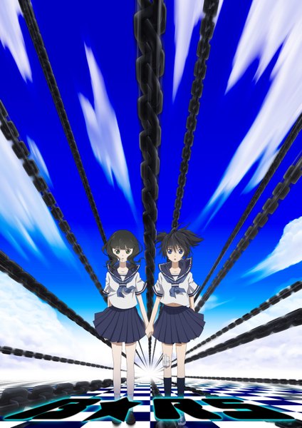 Anime picture 2478x3506 with black rock shooter kuroi mato takanashi yomi tall image highres black hair twintails sky cloud (clouds) holding hands short twintails checkered floor curly hair uniform school uniform serafuku chain