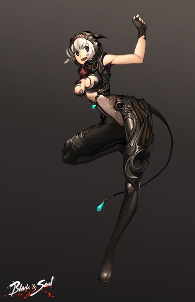 Anime picture 5000x7748 with blade & soul kim hyung tae single tall image highres short hair open mouth simple background absurdres silver hair black eyes inscription grey background girl gloves armor helmet