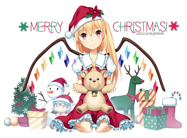 Anime picture 2059x1527 with touhou flandre scarlet remilia scarlet jenevan single looking at viewer highres short hair blonde hair smile red eyes white background sitting signed blue hair one side up dated christmas striped polka dot