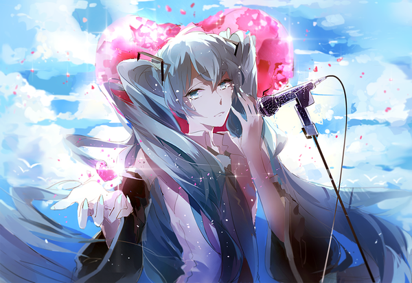 Anime picture 1090x750 with vocaloid hatsune miku nanobe single looking at viewer blue eyes twintails sky cloud (clouds) very long hair aqua hair tears outstretched arm crying singing girl detached sleeves animal petals necktie