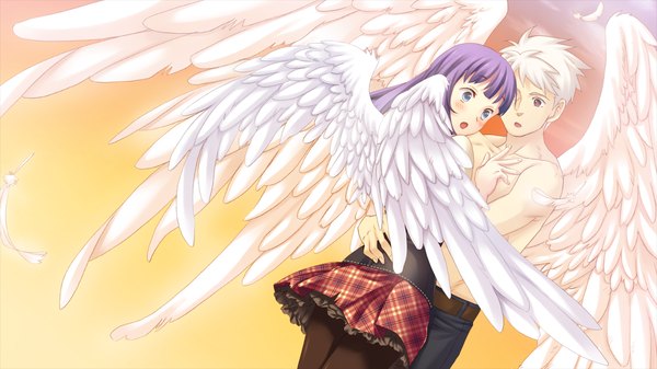 Anime picture 1280x720 with tsubasa o kudasai (game) short hair open mouth blue eyes wide image brown eyes game cg purple hair white hair hug girl boy wings serafuku