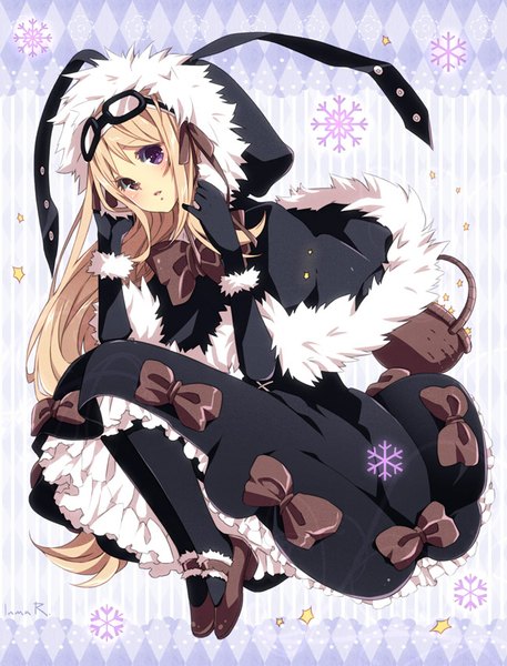 Anime picture 650x853 with original inma r. single long hair tall image looking at viewer open mouth blonde hair purple eyes brown eyes animal ears bent knee (knees) bunny ears heterochromia adjusting clothes girl gloves bow ribbon (ribbons) hair ribbon
