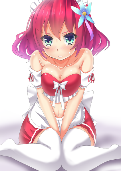 Anime picture 1447x2047 with no game no life madhouse stephanie dora rui-rui single tall image looking at viewer blush fringe short hair breasts blue eyes light erotic simple background white background sitting cleavage red hair maid alternate costume