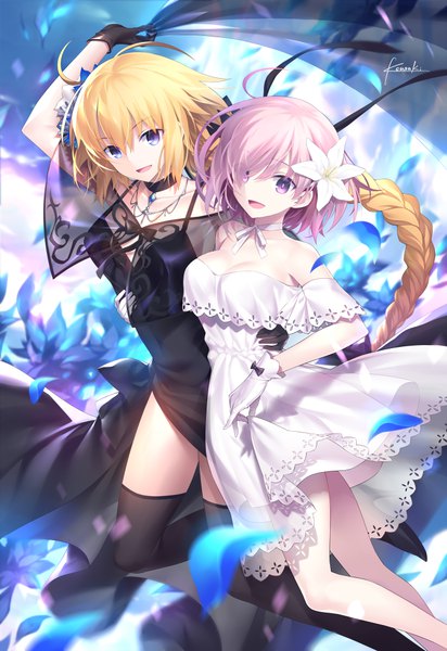 Anime picture 688x1000 with fate (series) fate/grand order jeanne d'arc (fate) (all) mash kyrielight mash kyrielight (formal dress) jeanne d'arc (formal dress) (fate) kousaki rui tall image looking at viewer fringe short hair breasts open mouth blue eyes blonde hair hair between eyes purple eyes bare shoulders multiple girls signed