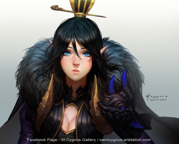 Anime picture 1920x1541 with stcygnus single looking at viewer fringe highres short hair breasts blue eyes black hair hair between eyes cleavage pointy ears fur trim gradient background scar eyeshadow girl hair ornament armor fur