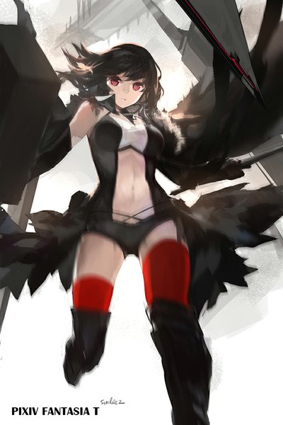 Anime picture 709x1063 with original pixiv fantasia pixiv fantasia t swd3e2 single long hair tall image fringe light erotic black hair holding bent knee (knees) bare belly from below girl thighhighs navel weapon sword cloak