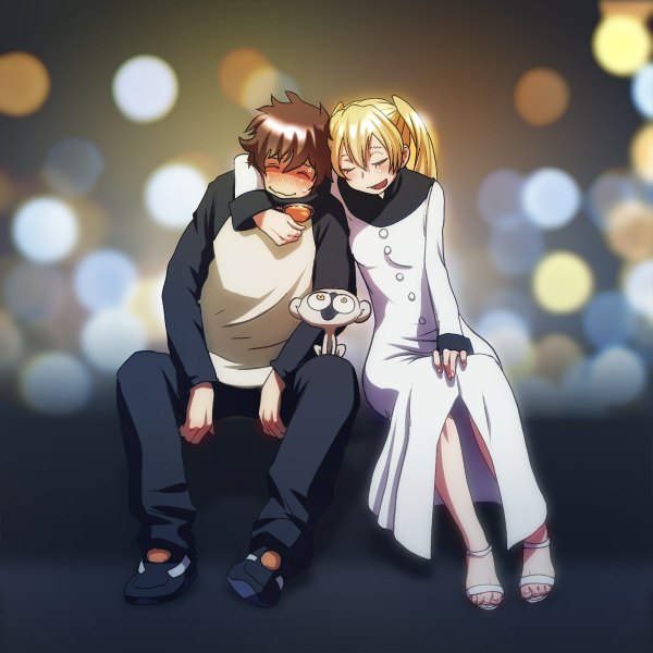 Anime picture 1200x1200 with kekkai sensen studio bones leonardo watch sonic speed monkey white (kekkai sensen) wokada blush open mouth blonde hair smile yellow eyes eyes closed parted lips dark background dark hair goggles around neck girl boy alcohol goggles