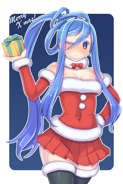 Anime picture 667x1000 with aoki hagane no arpeggio takao (aoki hagane no arpeggio) yukimura tsubame single long hair tall image blush blue eyes bare shoulders blue hair ponytail one eye closed wink christmas merry christmas girl thighhighs dress black thighhighs detached sleeves