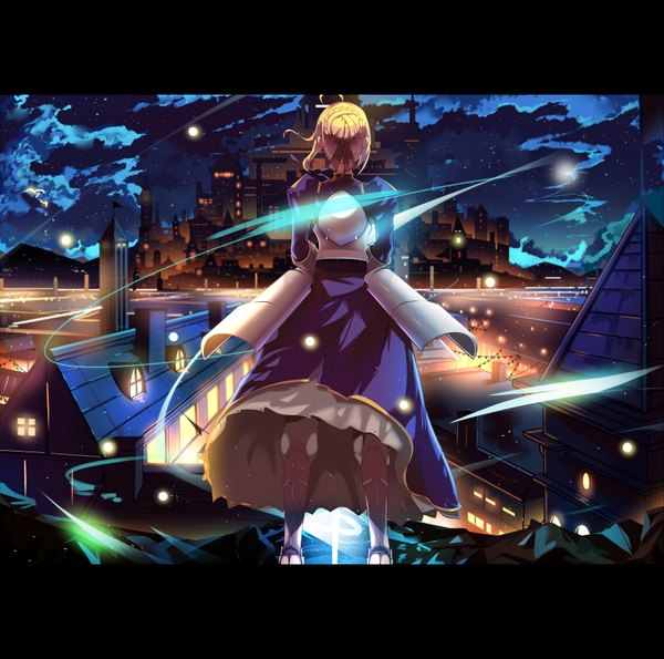 Anime picture 3507x3480 with fate (series) fate/stay night artoria pendragon (all) saber lucky (1045044604) single long hair highres blonde hair standing payot absurdres cloud (clouds) ahoge braid (braids) long sleeves from above wind from behind night