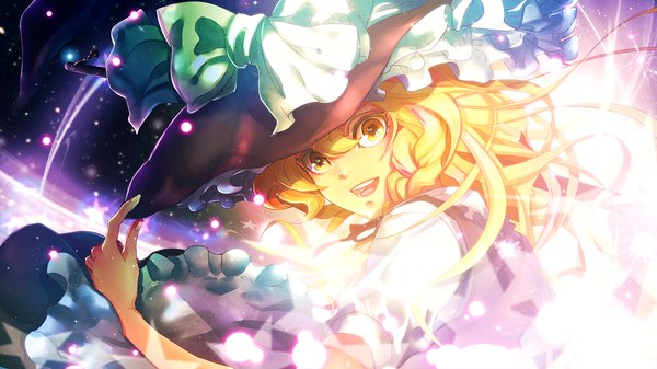 Anime picture 1920x1080 with touhou kirisame marisa garamgum single long hair highres open mouth blonde hair wide image yellow eyes magic girl bow witch hat
