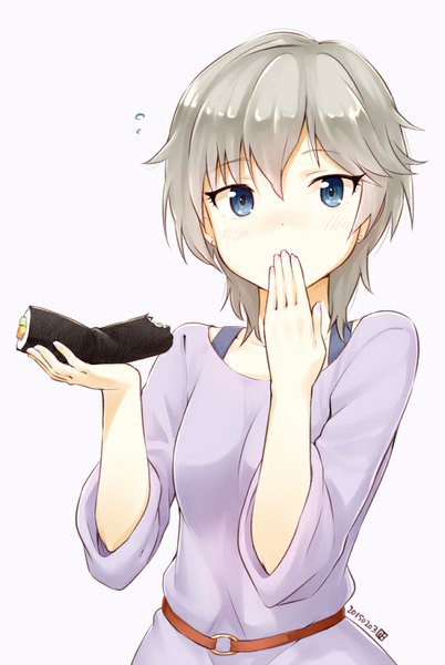 Anime picture 600x895 with idolmaster idolmaster cinderella girls anastasia (idolmaster) nagian single tall image looking at viewer blush fringe short hair blue eyes simple background white background signed silver hair hand on face casual girl food belt